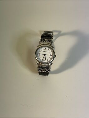 Brighton Silver-Tone Accented Black Leather Bracelet Watch